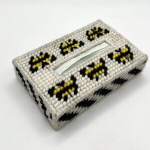 Vintage Needlepoint Handmade Tissue Holder Cover Bee Butterfly MCM Retro Boho
